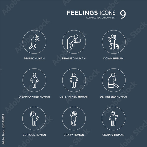 9 drunk human, drained curious depressed determined down human modern icons on black background, vector illustration, eps10, trendy icon set.