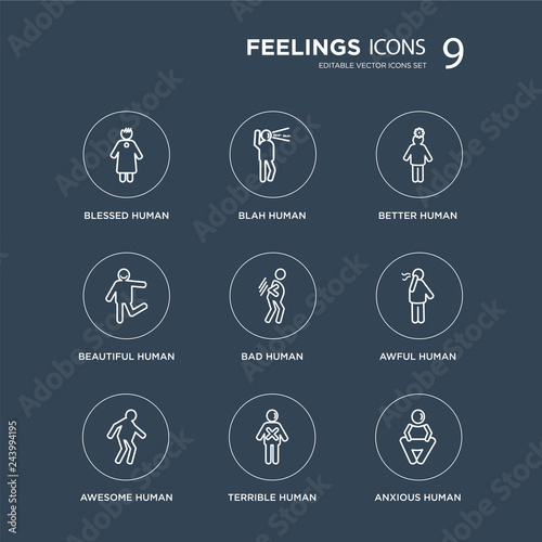 9 blessed human, blah awesome awful bad better beautiful terrible human modern icons on black background, vector illustration, eps10, trendy icon set.
