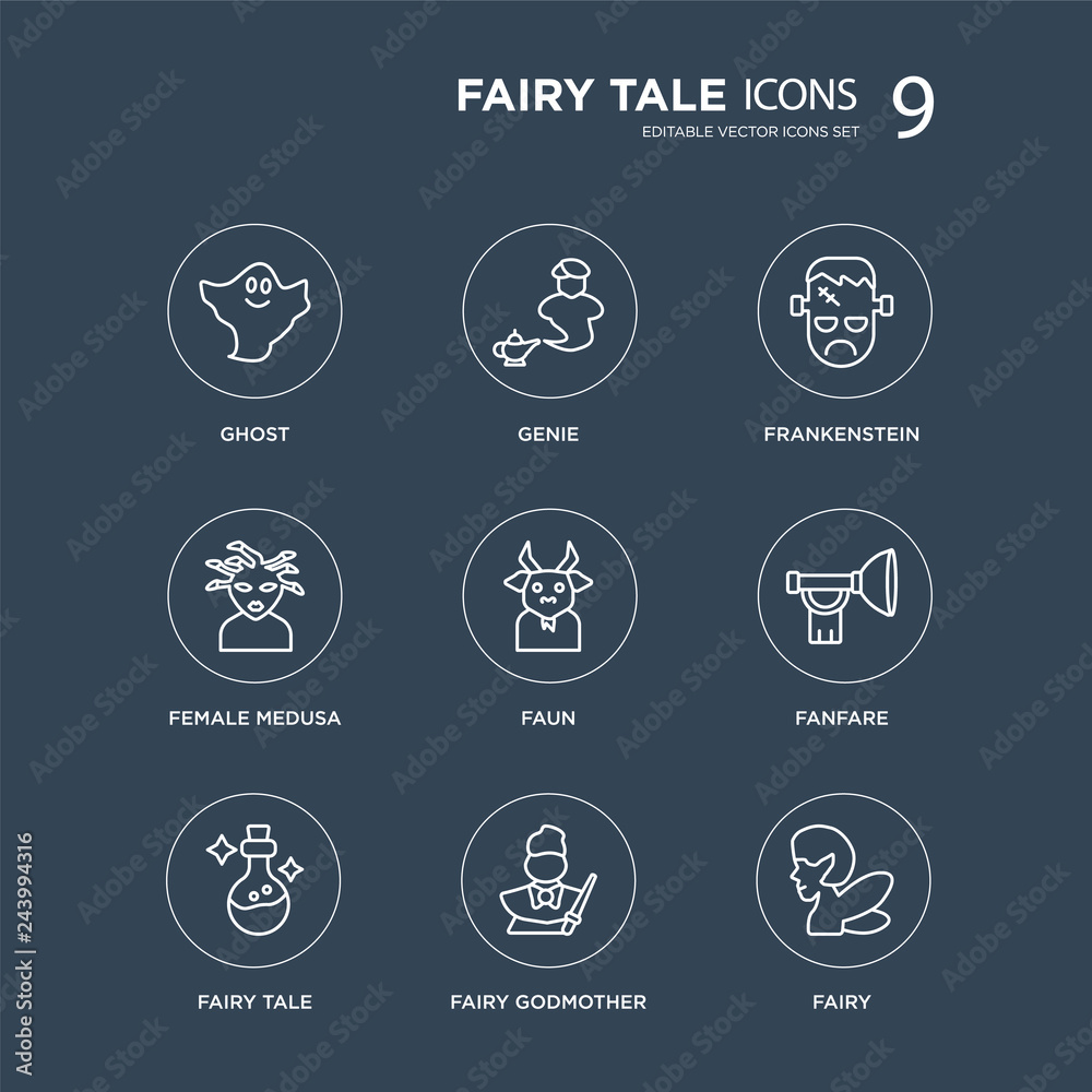 9 Ghost, Genie, Fairy tale, Fanfare, Faun, Frankenstein, female Medusa, fairy godmother modern icons on black background, vector illustration, eps10, trendy icon set.