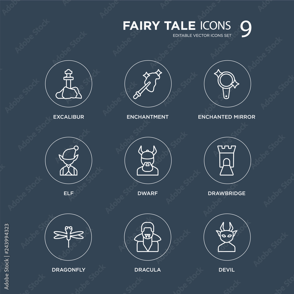 Εκτύπωση καμβά 9 Excalibur, enchantment, Dragonfly, drawbridge, Dwarf, Enchanted mirror, Elf, Dracula modern icons on black background, vector illustration, eps10, trendy icon set