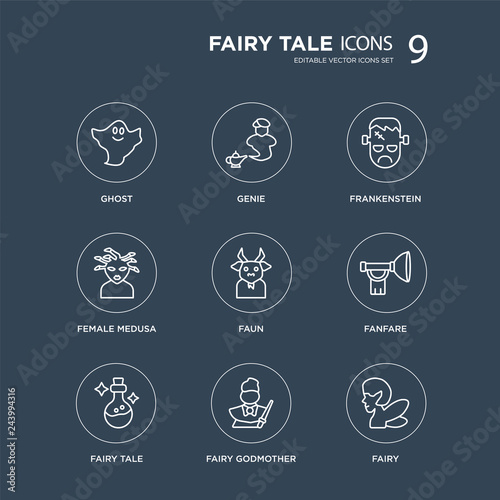 9 Ghost, Genie, Fairy tale, Fanfare, Faun, Frankenstein, female Medusa, fairy godmother modern icons on black background, vector illustration, eps10, trendy icon set.