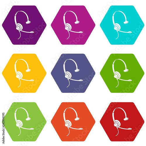 Headphones with microphone icons 9 set coloful isolated on white for web