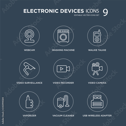 9 Webcam, Washing machine, vaporizer, Video camera, recorder, Walkie talkie, video surveillance, Vacuum cleaner modern icons on black background, vector illustration, eps10, trendy icon set.
