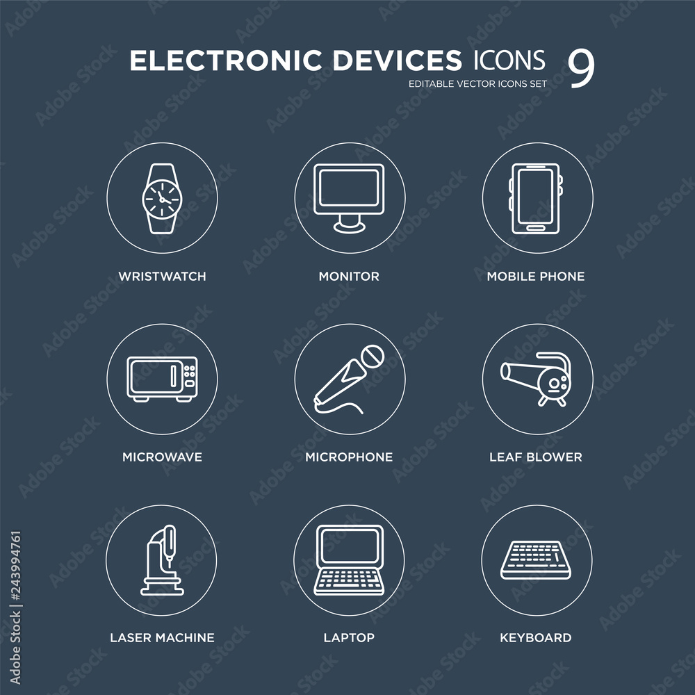 9 Wristwatch, Monitor, Laser Machine, leaf blower, Microphone, Mobile phone, Microwave, Laptop modern icons on black background, vector illustration, eps10, trendy icon set. 9 Wristwatch, Monitor, Laser Machine, leaf blower, Microphone, Mobile phone, Microwave, Laptop modern icons on black background, vector illustration, eps10, trendy icon set.
