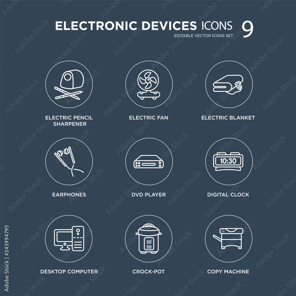 9 electric pencil sharpener, fan, Desktop computer, Digital clock, DVD Player, blanket modern icons on black background, vector illustration, eps10, trendy icon set.