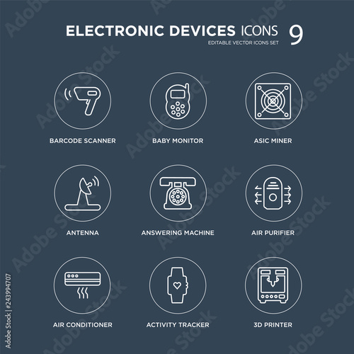 9 Barcode scanner, baby monitor, Air conditioner, purifier, answering machine, asic miner, Antenna, Activity tracker modern icons on black background, vector illustration, eps10, trendy icon set.