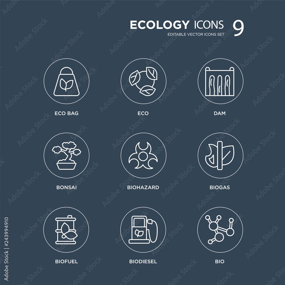9 Eco bag, Eco, Biofuel, Biogas, Biohazard, Dam, Bonsai, Biodiesel modern icons on black background, vector illustration, eps10, trendy icon set. 9 Eco bag, Eco, Biofuel, Biogas, Biohazard, Dam, Bonsai, Biodiesel modern icons on black background, vector illustration, eps10, trendy icon set.