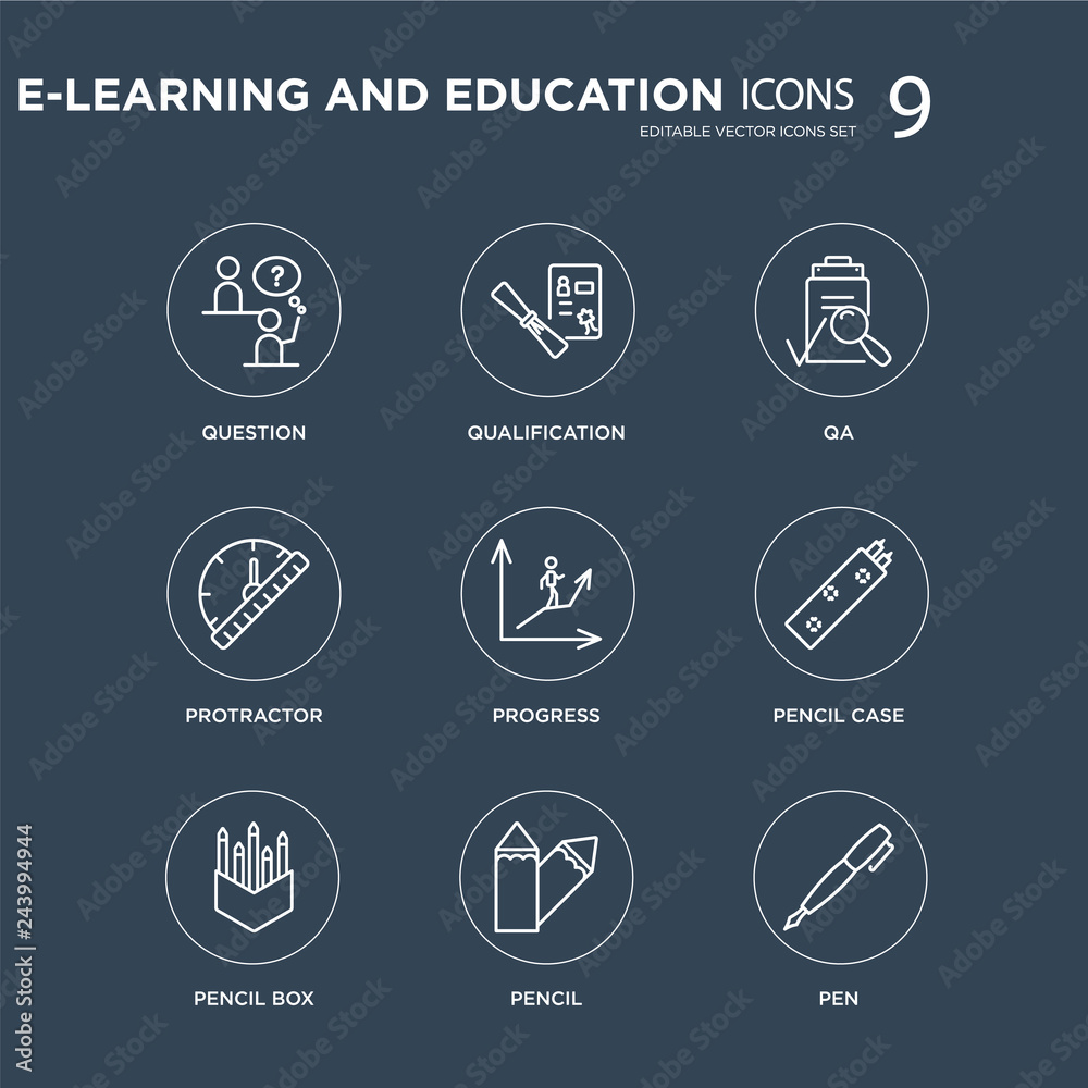 9 Question, Qualification, Pencil box, case, Progress, QA, Protractor, modern icons on black background, vector illustration, eps10, trendy icon set. 9 Question, Qualification, Pencil box, case, Progress, QA, Protractor, modern icons on black background, vector illustration, eps10, trendy icon set.