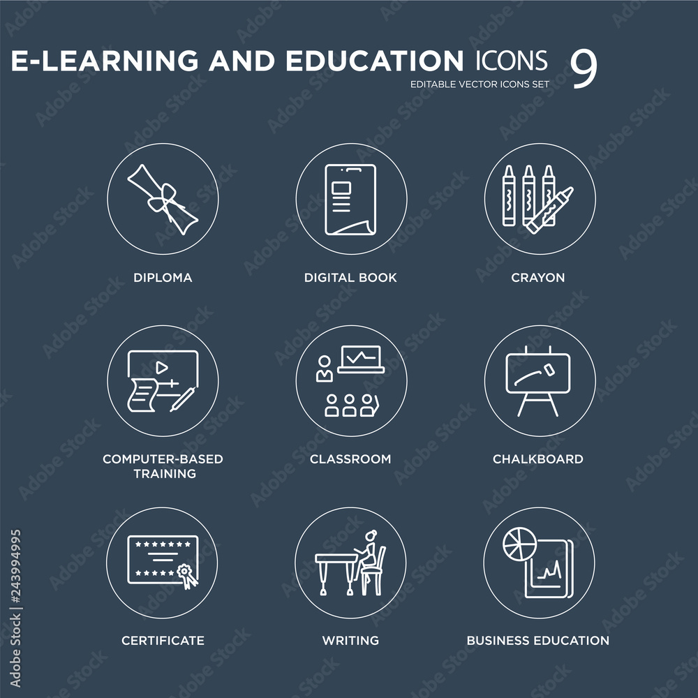 9 Diploma, Digital book, Certificate, Chalkboard, Classroom, Crayon, computer-based training, Writing modern icons on black background, vector illustration, eps10, trendy icon set.