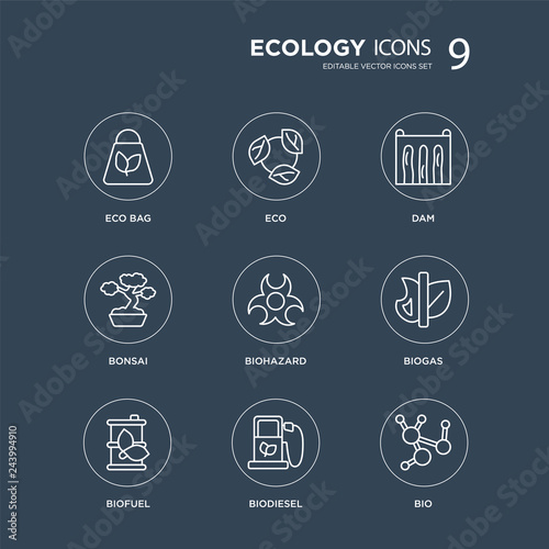 9 Eco bag, Eco, Biofuel, Biogas, Biohazard, Dam, Bonsai, Biodiesel modern icons on black background, vector illustration, eps10, trendy icon set.