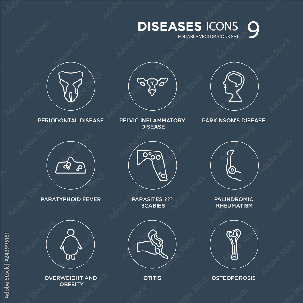 9 Periodontal disease, Pelvic inflammatory Overweight and Obesity, Palindromic rheumatism, Parasites ??? Scabies modern icons on black background, vector illustration, eps10, trendy icon set. 9 Periodontal disease, Pelvic inflammatory Overweight and Obesity, Palindromic rheumatism, Parasites ??? Scabies modern icons on black background, vector illustration, eps10, trendy icon set.