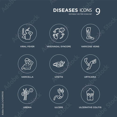9 Viral fever, Vasovagal syncope, Uremia, Urticaria, Uveitis, Varicose veins, Varicella, Ulcers modern icons on black background, vector illustration, eps10, trendy icon set.