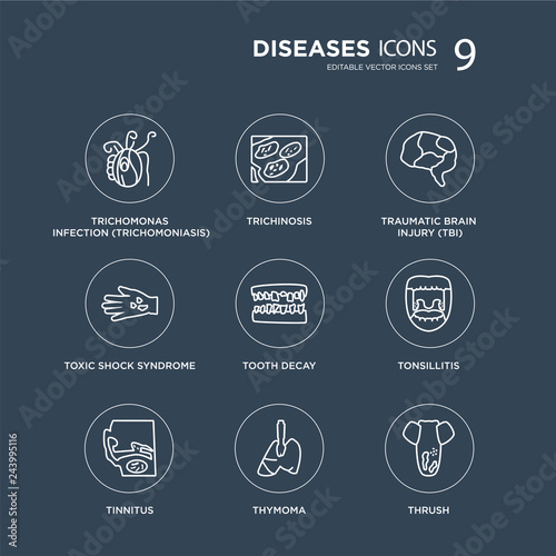 9 Trichomonas Infection (Trichomoniasis), Trichinosis, Tinnitus, Tonsillitis, Tooth decay, Traumatic Brain Injury (TBI) modern icons on black background, vector illustration, eps10, trendy icon set.