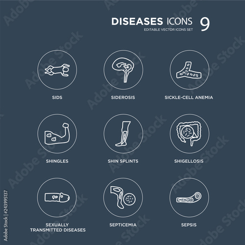 9 SIDS, Siderosis, Sexually Transmitted Diseases, Shigellosis, Shin splints, Sickle-cell anemia, Shingles, Septicemia modern icons on black background, vector illustration, eps10, trendy icon set.
