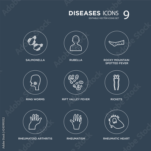 9 Salmonella, Rubella, Rheumatoid arthritis, Rickets, Rift Valley fever, Rocky Mountain spotted fever modern icons on black background, vector illustration, eps10, trendy icon set.