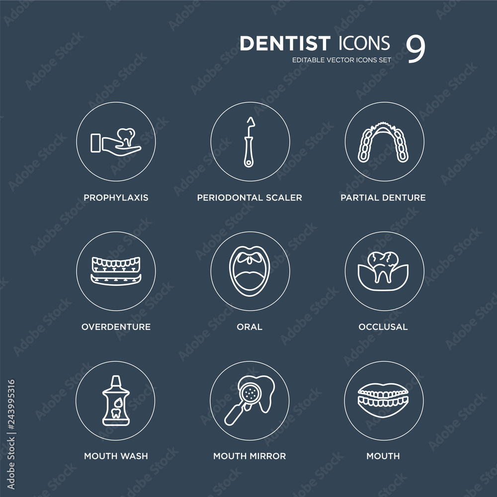 9 Prophylaxis, Periodontal scaler, Mouth Wash, Occlusal, Oral, Partial Denture, Overdenture, Mirror modern icons on black background, vector illustration, eps10, trendy icon set.