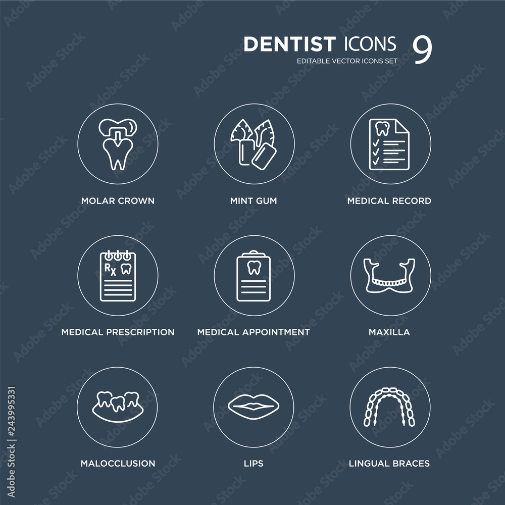 9 Molar crown, Mint gum, Malocclusion, Maxilla, Medical appointment, record, prescription, Lips modern icons on black background, vector illustration, eps10, trendy icon set.