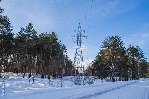 Power line in the winter forest. Winter landscape. Electric line through the forest.