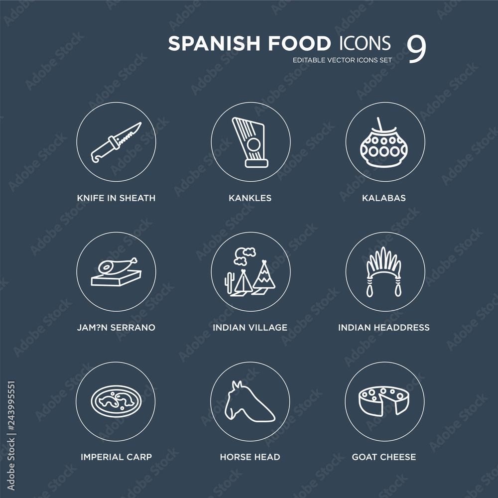 9 Knife in sheath, Kankles, Imperial Carp, Indian Headdress, Village, Kalabas, Jam?n Serrano, Horse Head modern icons on black background, vector illustration, eps10, trendy icon set. 9 Knife in sheath, Kankles, Imperial Carp, Indian Headdress, Village, Kalabas, Jam?n Serrano, Horse Head modern icons on black background, vector illustration, eps10, trendy icon set.