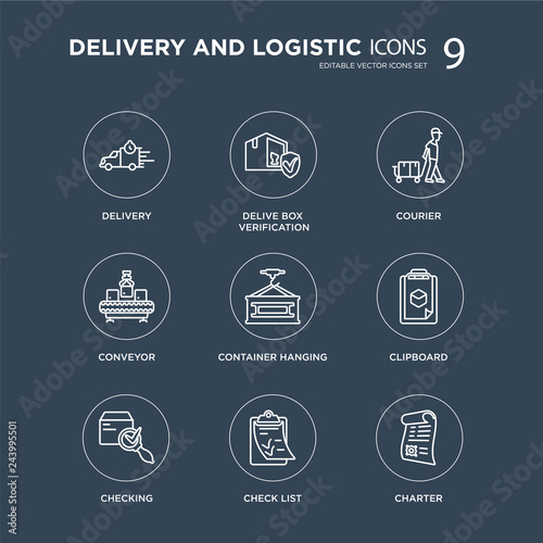 9 Delivery, Delive Box Verification, Checking, Clipboard, Container Hanging, Courier, Conveyor, Check List modern icons on black background, vector illustration, eps10, trendy icon set.