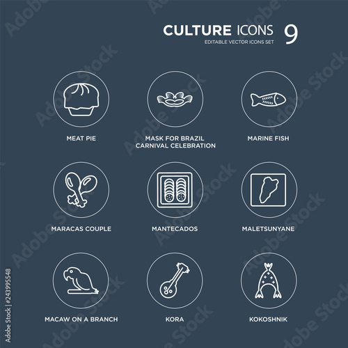 9 Meat pie, Mask for Brazil carnival celebration, Macaw on a branch, Maletsunyane, Mantecados, Marine Fish modern icons black background, vector illustration, eps10, trendy icon set.