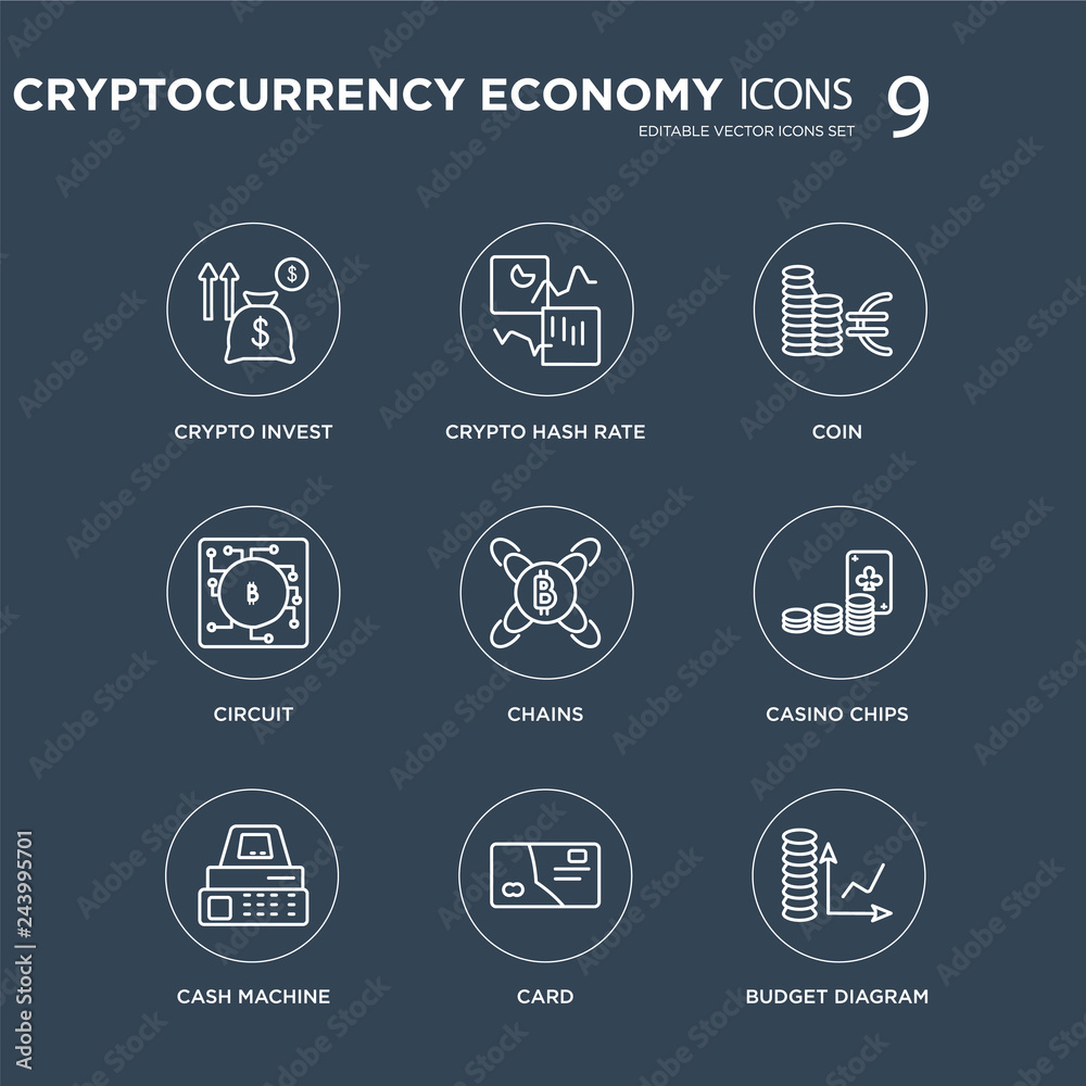 9 crypto Invest, hash rate, Cash machine, Casino chips, Chains, Coin, Circuit, Card modern icons on black background, vector illustration, eps10, trendy icon set.