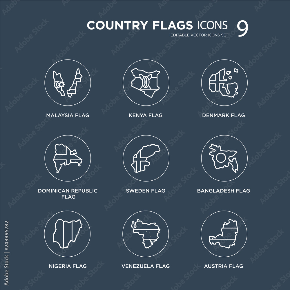 Fototapeta premium 9 Malaysia flag, Kenya Nigeria Bangladesh Sweden Denmark flag modern icons on black background, vector illustration, eps10, trendy icon set.