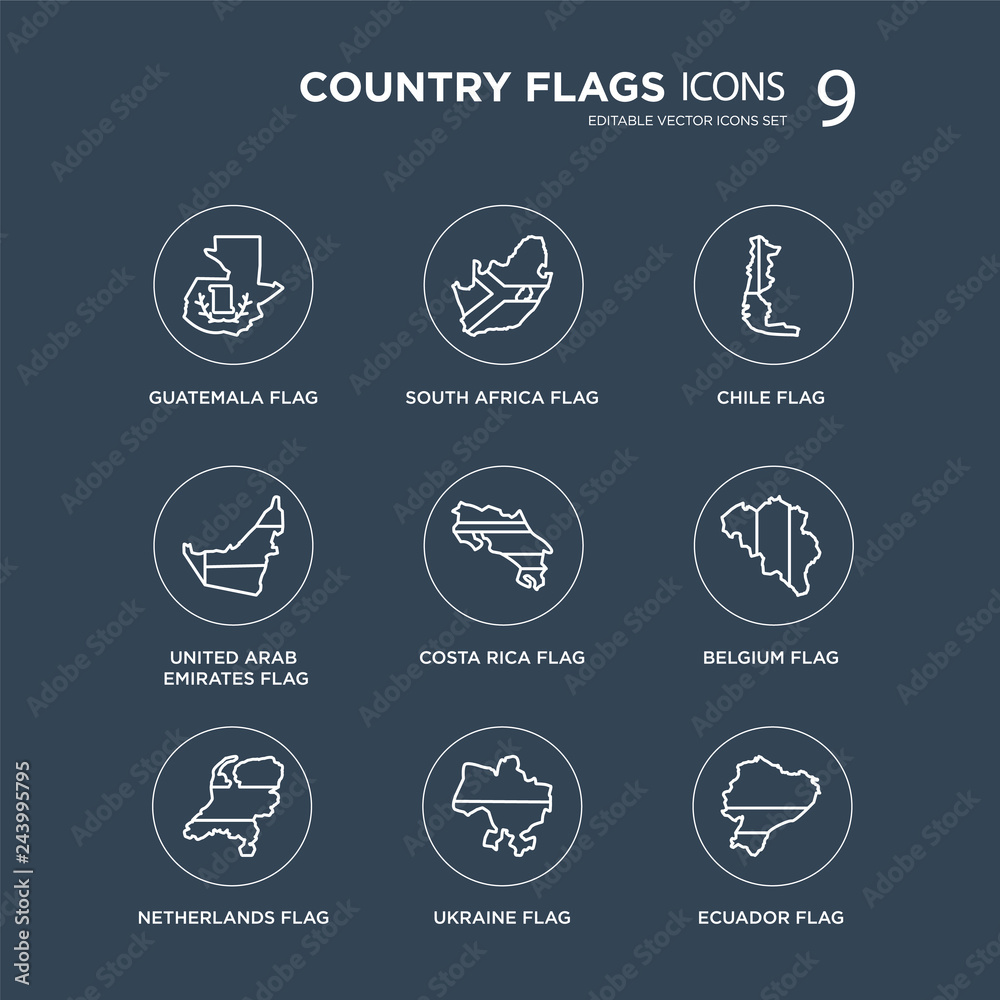 9 Guatemala flag, South Africa Netherlands Belgium Costa Rica Chile flag modern icons on black background, vector illustration, eps10, trendy icon set.