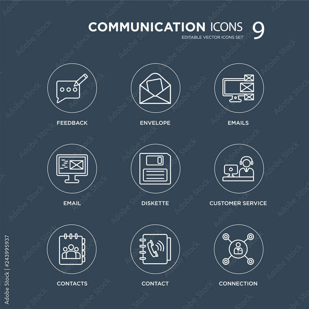 9 Feedback, Envelope, Contacts, Customer service, Diskette, Emails, Email, Contact modern icons on black background, vector illustration, eps10, trendy icon set.