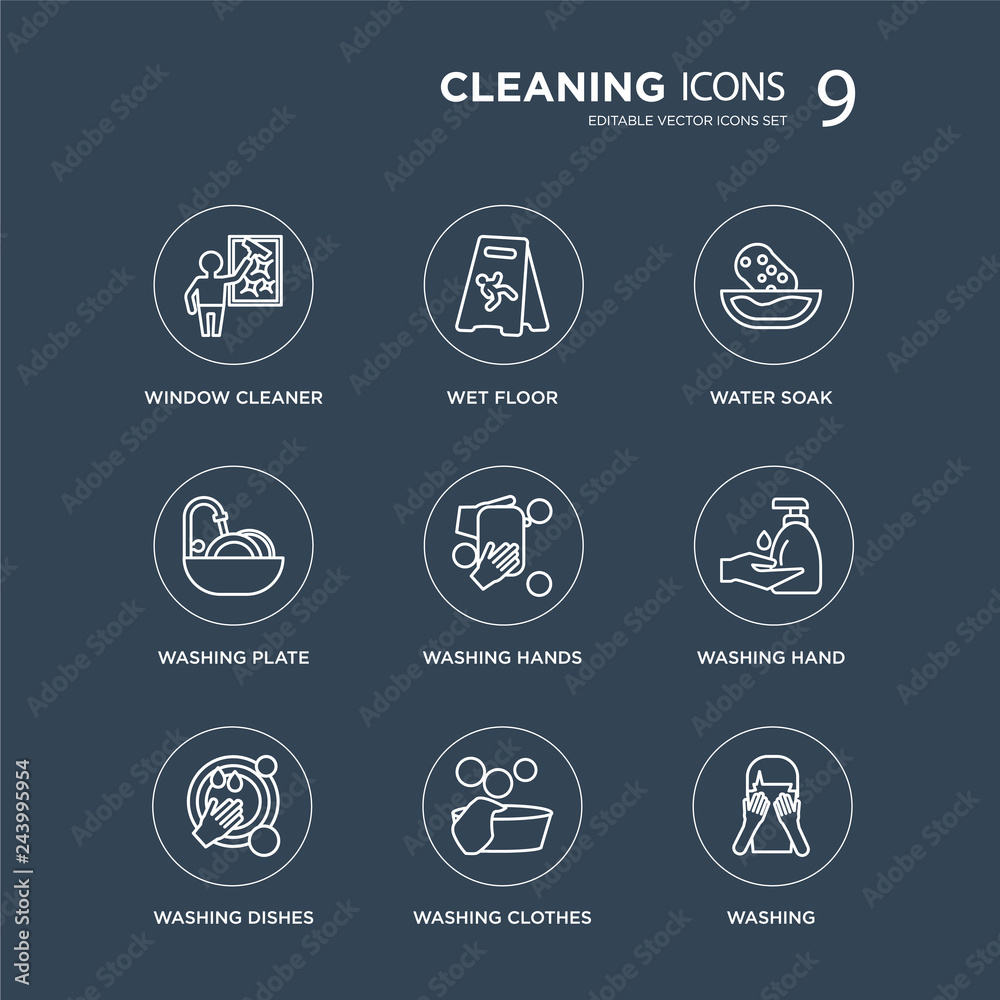 9 Window cleaner, Wet floor, Washing dishes, hand, WASHING HANDS, Water soak, plate, clothes modern icons on black background, vector illustration, eps10, trendy icon set.