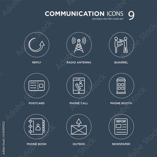 9 Reply, Radio antenna, Phone book, booth, call, Quarrel, Postcard, Outbox modern icons on black background, vector illustration, eps10, trendy icon set.