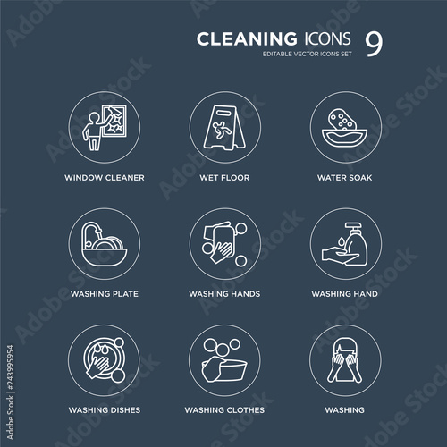 9 Window cleaner, Wet floor, Washing dishes, hand, WASHING HANDS, Water soak, plate, clothes modern icons on black background, vector illustration, eps10, trendy icon set.