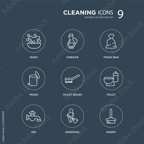 9 Wash, vinegar, Tap, Toilet, Toilet brush, trash bag, Trash, Sweeping modern icons on black background, vector illustration, eps10, trendy icon set.