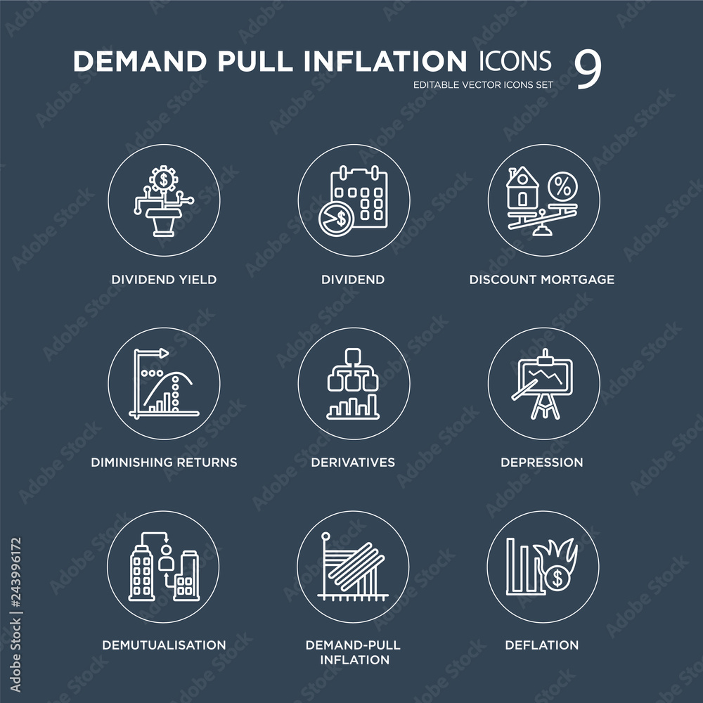 9 Dividend yield, Dividend, Demutualisation, Depression, Derivatives, Discount mortgage modern icons on black background, vector illustration, eps10, trendy icon set.
