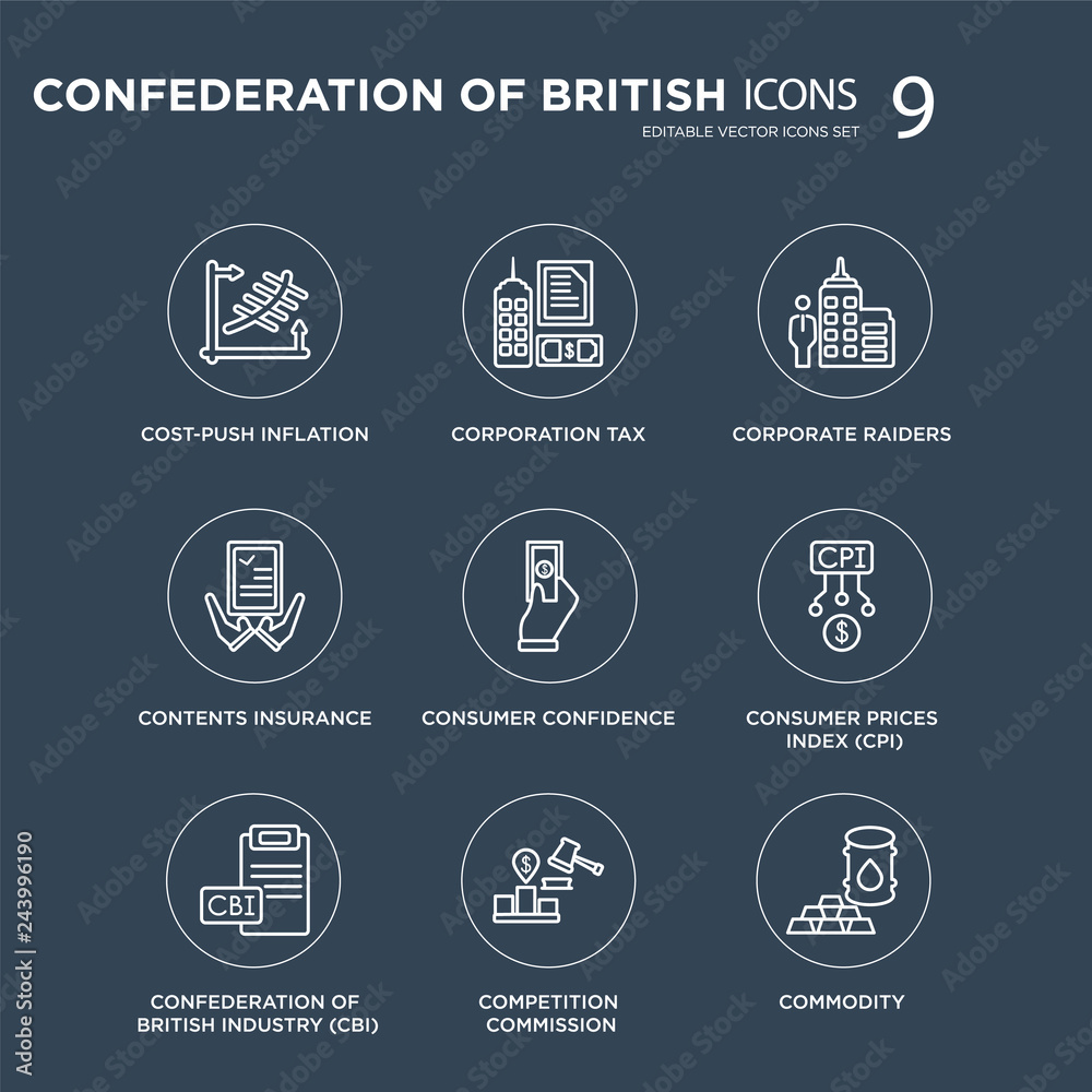 9 Cost-push inflation, Corporation tax, Confederation of British Industry (CBI), Consumer Prices Index (CPI) modern icons on black background, vector illustration, eps10, trendy icon set.
