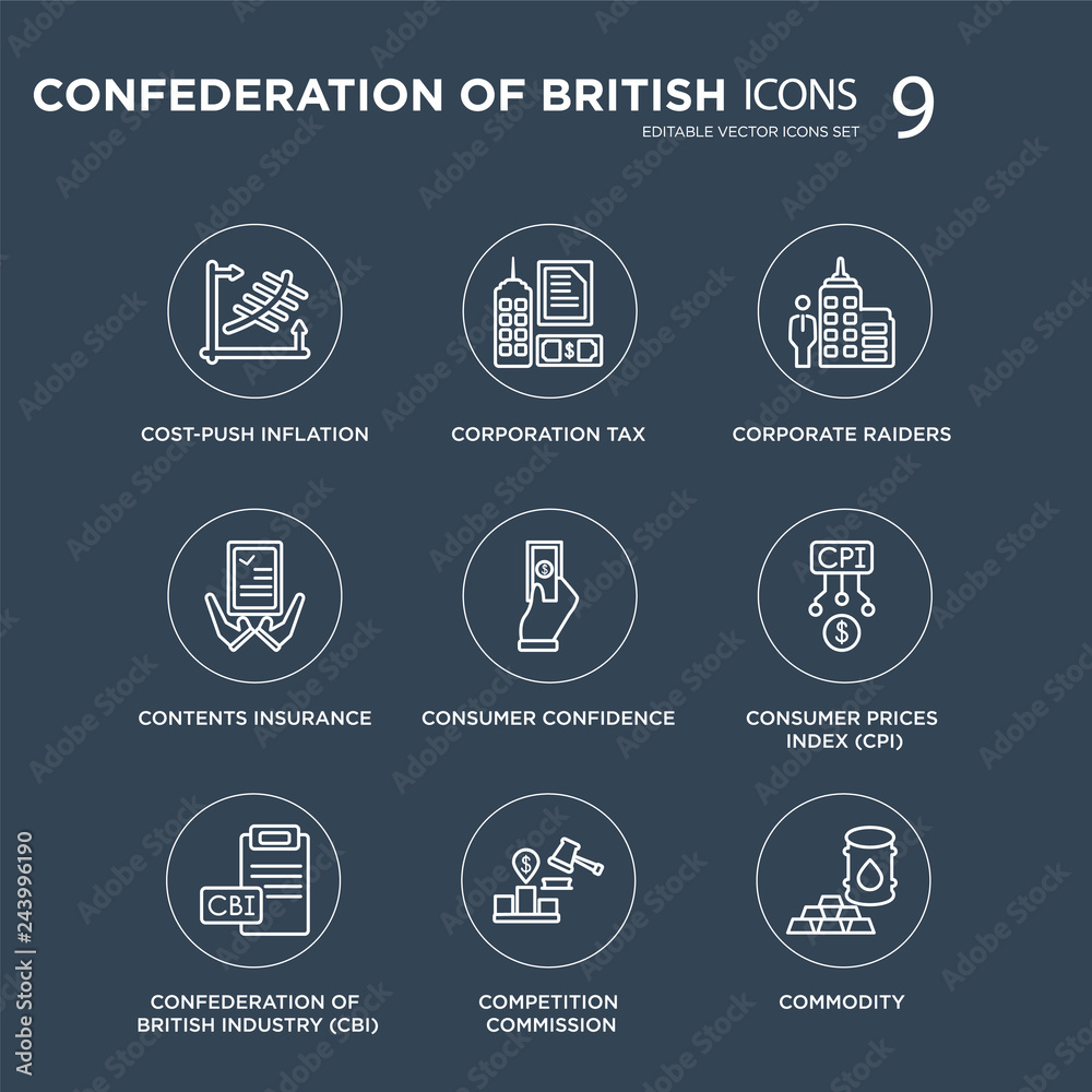 9 Cost-push inflation, Corporation tax, Confederation of British Industry (CBI), Consumer Prices Index (CPI) modern icons on black background, vector illustration, eps10, trendy icon set. 9 Cost-push inflation, Corporation tax, Confederation of British Industry (CBI), Consumer Prices Index (CPI) modern icons on black background, vector illustration, eps10, trendy icon set.