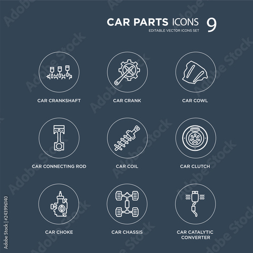 9 car crankshaft, crank, choke, clutch, coil, cowl, connecting rod, chassis modern icons on black background, vector illustration, eps10, trendy icon set.