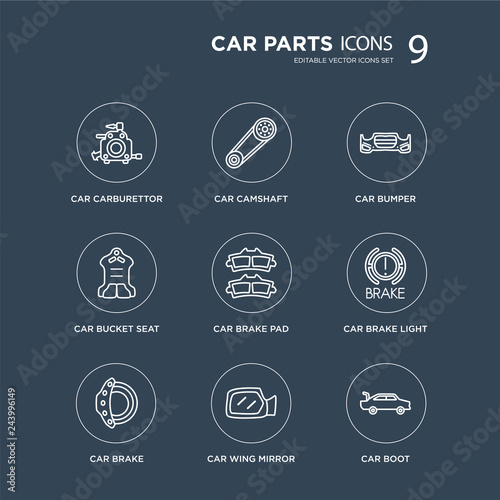 9 car carburettor, camshaft, brake, brake light, pad, bumper, bucket seat, wing mirror modern icons on black background, vector illustration, eps10, trendy icon set.