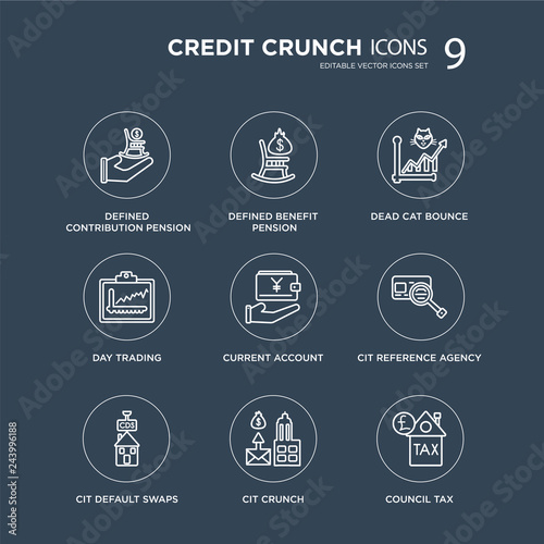 9 Defined contribution pension, benefit Cit default swaps, reference agency, Current account modern icons on black background, vector illustration, eps10, trendy icon set.