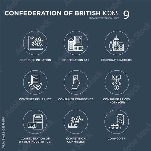 9 Cost-push inflation, Corporation tax, Confederation of British Industry (CBI), Consumer Prices Index (CPI) modern icons on black background, vector illustration, eps10, trendy icon set.