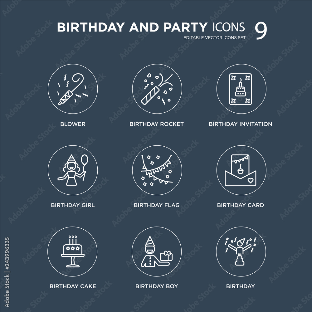 9 Blower, birthday rocket, Birthday cake, card, Flag, invitation, girl, boy modern icons on black background, vector illustration, eps10, trendy icon set.