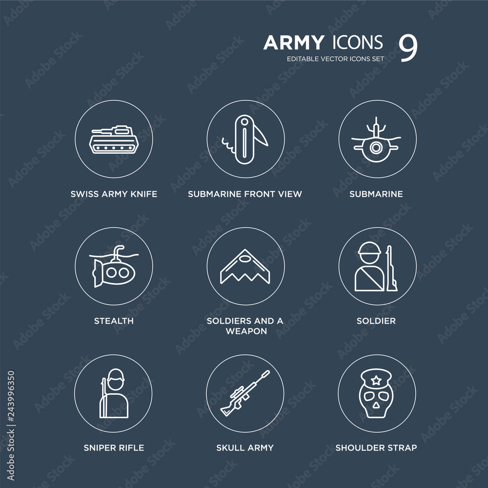 9 Swiss Army Knife, Submarine Front View, Sniper Rifle, Soldier, Soldiers and a weapon, Submarine, stealth, Skull modern icons on black background, vector illustration, eps10, trendy icon set. 9 Swiss Army Knife, Submarine Front View, Sniper Rifle, Soldier, Soldiers and a weapon, Submarine, stealth, Skull modern icons on black background, vector illustration, eps10, trendy icon set.