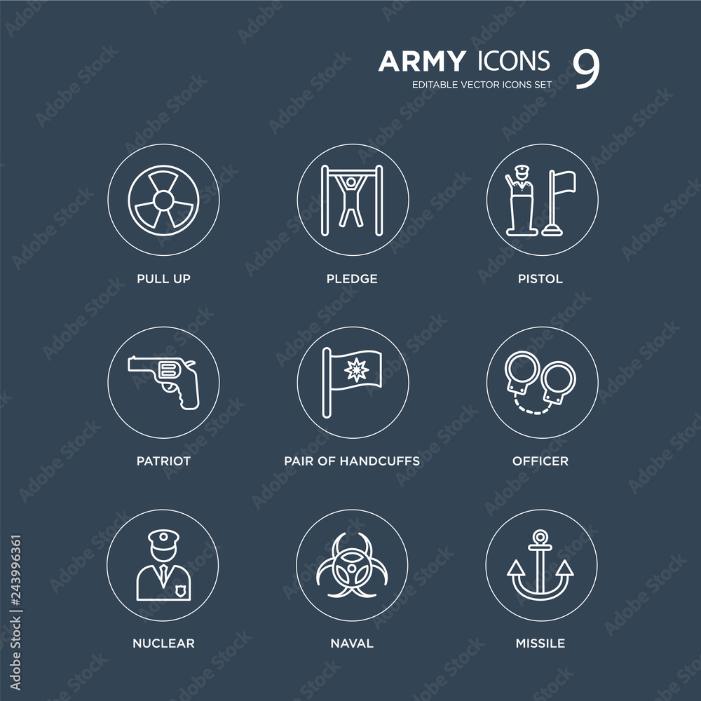 9 Pull up, Pledge, Nuclear, officer, Pair of Handcuffs, Pistol, Patriot, naval modern icons on black background, vector illustration, eps10, trendy icon set.