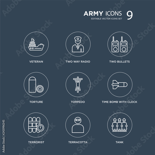 9 Veteran, Two way radio, Terrorist, Time Bomb with Clock, Torpedo, Bullets, torture, Terracotta modern icons on black background, vector illustration, eps10, trendy icon set.