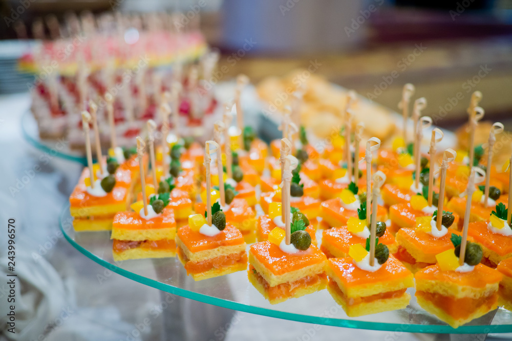 sandwich, mini canapes, buffet food, catering food party at restaurant,  snacks and appetizers, mini cake, food for the event Stock Photo | Adobe  Stock