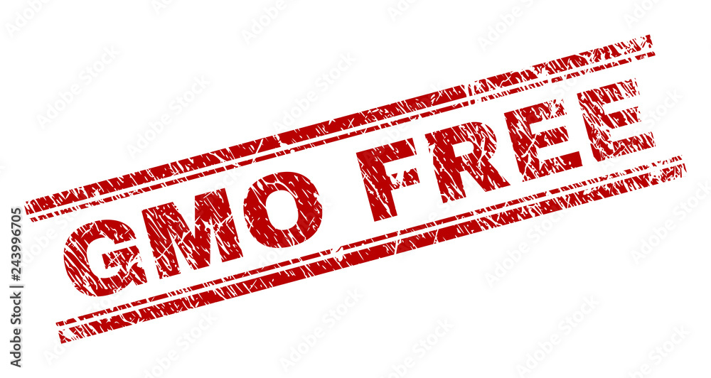 GMO FREE seal print with distress texture. Red vector rubber print of GMO FREE text with scratched texture. Text caption is placed between double parallel lines.