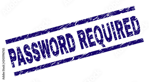 PASSWORD REQUIRED seal print with grunge style. Blue vector rubber print of PASSWORD REQUIRED label with unclean texture. Text label is placed between parallel lines.