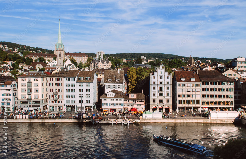 Old medieval buildings and Limmat river in Zurich Old town Altstadt