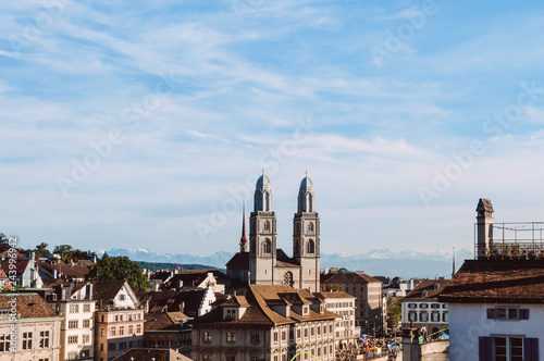 Old Grossmunster cathedral and medieval buildings in Zurich Old town Altstadt © PixHound