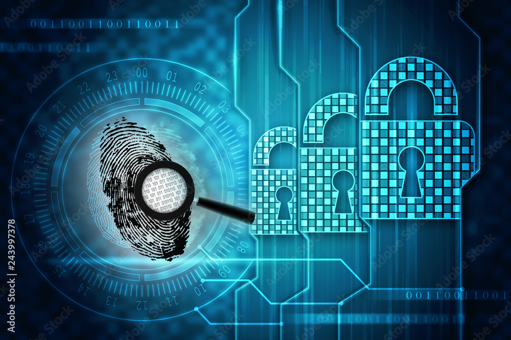 Obraz premium 3d rendering Fingerprint and magnify glass with binary code